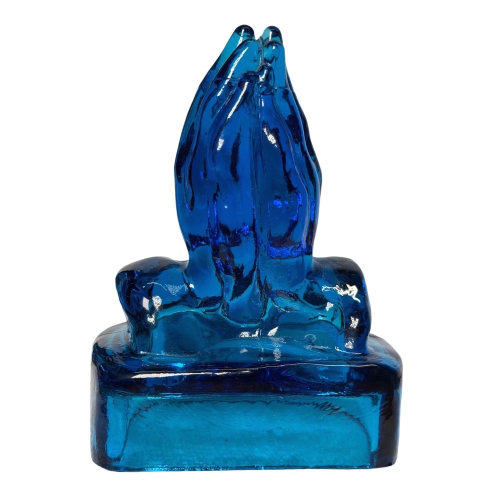 Vintage Blue Glass Praying Hands Figurine Religious Devotional Decor 4 Inch